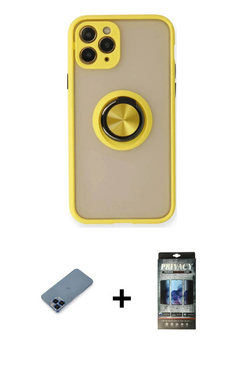 ieg™ iPhone 11 Pro Max Kılıf Yörünge Çizgi - Siyah 34D Hayalet Izgaralı Cam + Mavi Metal Kamera Lens