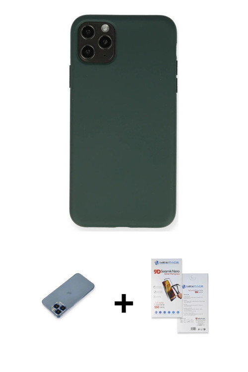ieg™ iPhone 11 Pro Max Kılıf Ahenk Serisi - Siyah Seramik Nano Ekran Koruyucu + Mavi Metal Kamera Le