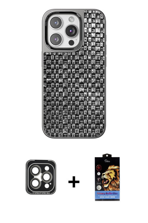 ieg™ iPhone 15 Pro Max Kılıf Siluet Form Serisi - Siyah Buffer Hayalet Cam Ekran Koruyucu + Gri PVD
