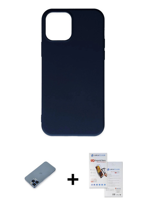 ieg™ iPhone 11 Pro Max Kılıf Ahenk Serisi - Siyah Seramik Nano Ekran Koruyucu + Mavi Metal Kamera Le