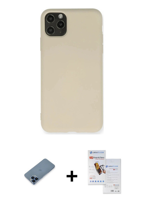 ieg™ iPhone 11 Pro Max Kılıf Ahenk Serisi - Siyah Seramik Nano Ekran Koruyucu + Mavi Metal Kamera Le
