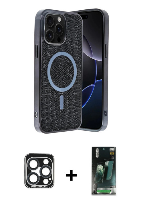 ieg™ iPhone 15 Pro Max Kılıf Eksen Çizgi - Siyah 360 Mat Full Body Arka Koruyucu + Lacivert PVD Meta