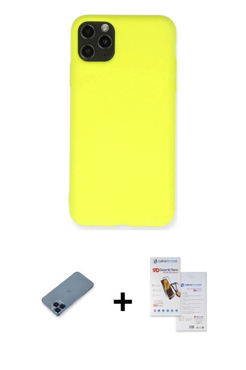 ieg™ iPhone 11 Pro Max Kılıf Ahenk Serisi - Siyah Seramik Nano Ekran Koruyucu + Mavi Metal Kamera Le