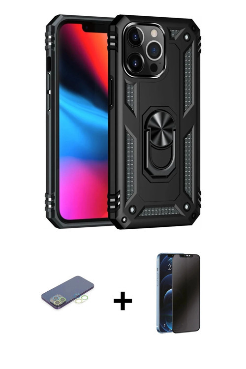iPhone 13 Pro Max Kılıf Ahenk Klasik Koleksiyonu - Siyah 3D Antistatik Hayalet Cam Ekran Koruyu
