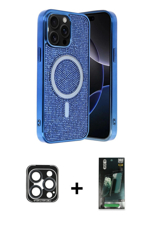 ieg™ iPhone 15 Pro Max Kılıf Eksen Çizgi - Siyah 360 Mat Full Body Arka Koruyucu + Lacivert PVD Meta