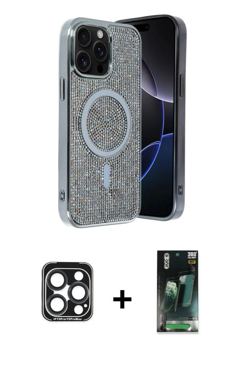 ieg™ iPhone 15 Pro Max Kılıf Eksen Çizgi - Siyah 360 Mat Full Body Arka Koruyucu + Lacivert PVD Meta