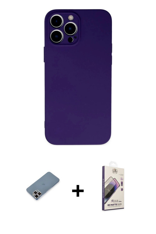ieg™ iPhone 13 Pro Max Kılıf Ahenk Serisi - Siyah Bilvis 3D Mat Cam Ekran Koruyucu + Mor Metal Kamer