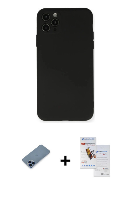 ieg™ iPhone 11 Pro Max Kılıf Ahenk Serisi - Siyah Seramik Nano Ekran Koruyucu + Mavi Metal Kamera Le