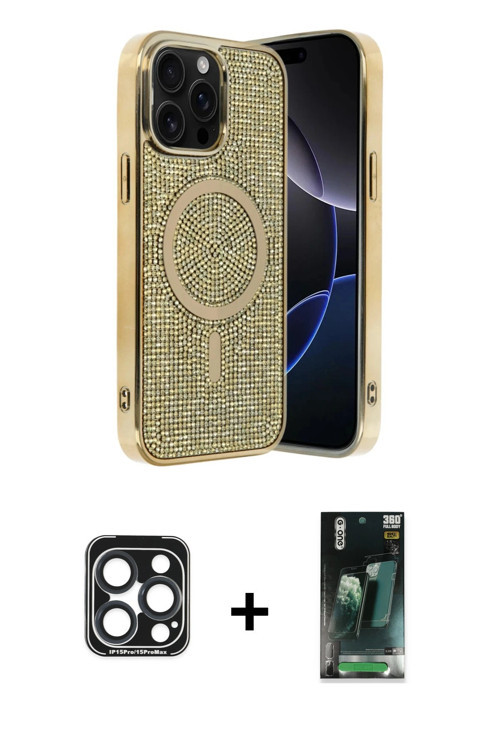ieg™ iPhone 15 Pro Max Kılıf Eksen Çizgi - Siyah 360 Mat Full Body Arka Koruyucu + Lacivert PVD Meta
