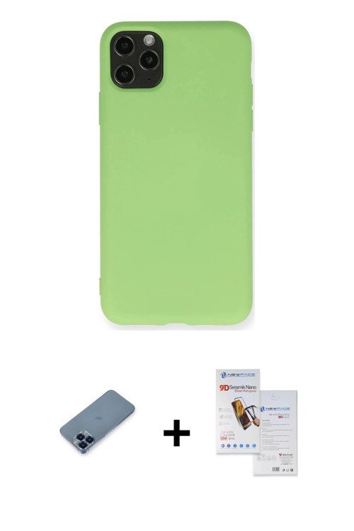 ieg™ iPhone 11 Pro Max Kılıf Ahenk Serisi - Siyah Seramik Nano Ekran Koruyucu + Mavi Metal Kamera Le