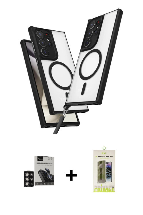 ieg™ Galaxy S24 Ultra Kılıf Atlas Doku Koleksiyonu - Siyah Joko Magic 5D Hayalet Cam + Derin Mor PVD