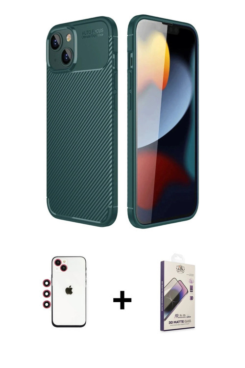 ieg™ iPhone 14 Kılıf Eksen Form Prime - Siyah Bilvis 3D Mat Cam Ekran Koruyucu + Kırmızı Shine Kamer