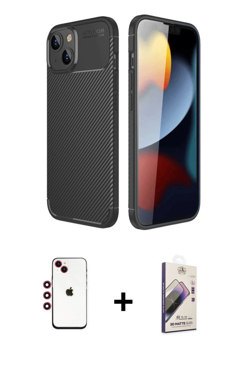 ieg™ iPhone 14 Kılıf Eksen Form Prime - Siyah Bilvis 3D Mat Cam Ekran Koruyucu + Kırmızı Shine Kamer