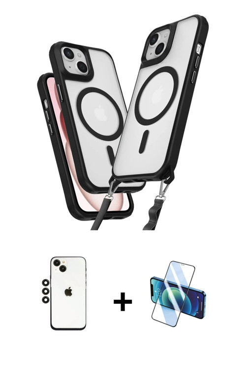 ieg™ iPhone 14 Kılıf Atlas Doku Koleksiyonu - Siyah 3D Antistatik Cam Ekran Koruyucu + Siyah Shine K