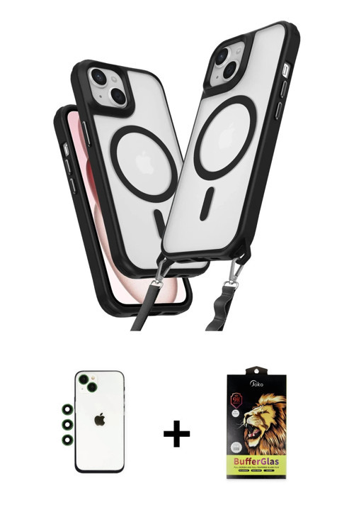 ieg™ iPhone 14 Kılıf Atlas Doku Koleksiyonu - Siyah Buffer Cam Ekran Koruyucu + Yeşil Shine Kamera L