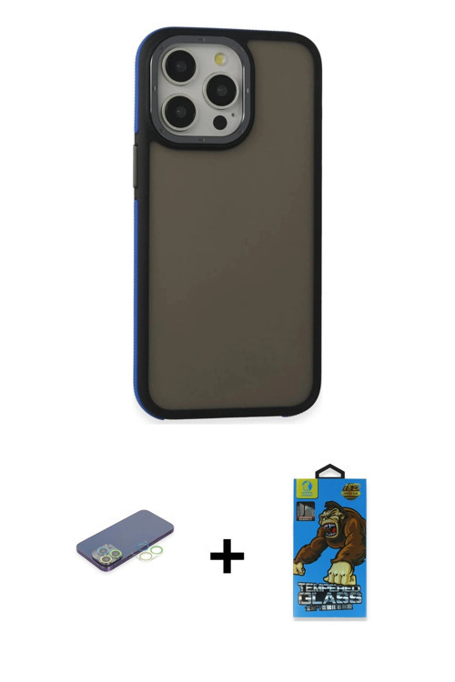 ieg™ iPhone 13 Pro Max Kılıf Eksen Işık - Siyah 18D Cam Ekran Koruyucu + Yeşil Renkli Kamera Lens Ko