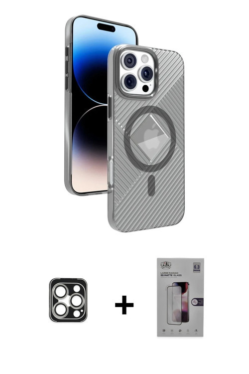 ieg™ iPhone 16 Pro Max Kılıf Nova Modern Prime - Siyah Bilvis 3D Mat Cam Ekran Koruyucu + Gümüş PVD