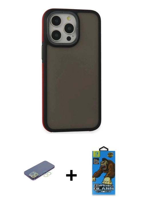 ieg™ iPhone 13 Pro Max Kılıf Eksen Işık - Siyah 18D Cam Ekran Koruyucu + Yeşil Renkli Kamera Lens Ko