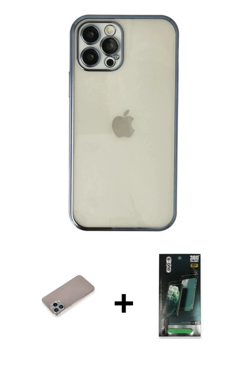 ieg™ iPhone 12 Pro Kılıf Vadi Minimal - Siyah 360 Mat Full Body Arka Koruyucu + Sierra Blue Shine Ka
