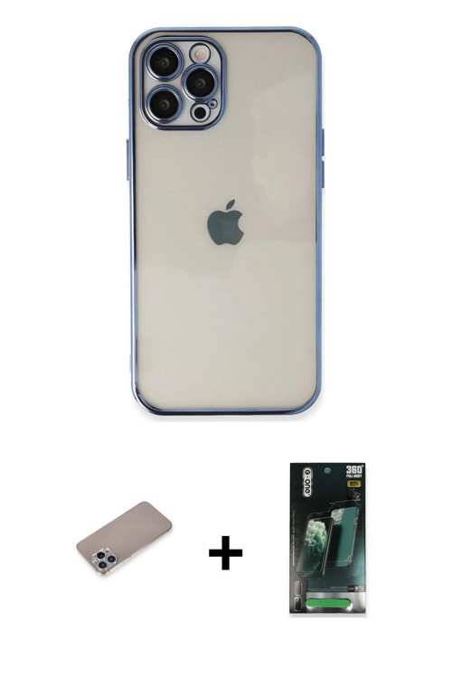 ieg™ iPhone 12 Pro Kılıf Vadi Minimal - Siyah 360 Mat Full Body Arka Koruyucu + Sierra Blue Shine Ka