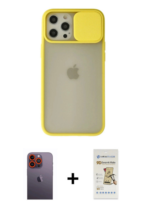 ieg™ iPhone 12 Pro Max Kılıf Vadi Çizgi - Siyah Mat Seramik Nano Ekran Koruyucu + Turuncu Neon Fosfo