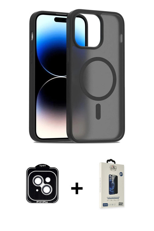 ieg™ iPhone 14 Kılıf Siluet Minimal Prime - Siyah Bilvis Hayalet Cam Ekran Koruyucu + Gümüş PVD Meta