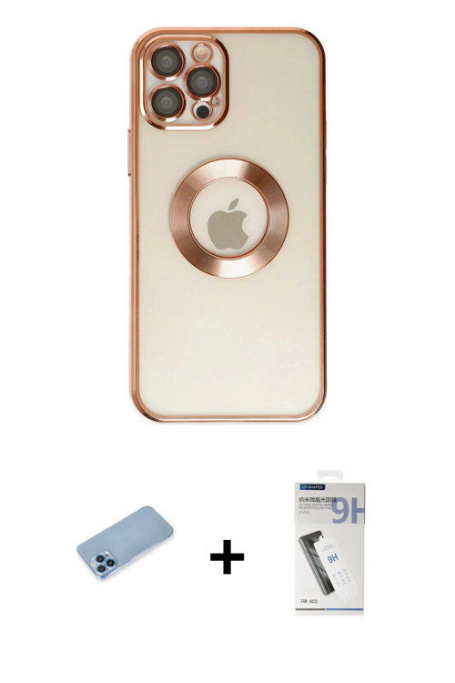ieg™ iPhone 12 Pro Kılıf Pusula Form - Şeffaf Uv Polymer Nano Ekran Koruyucu + Mavi Shine Kamera Len