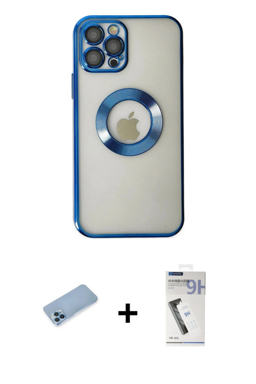 ieg™ iPhone 12 Pro Kılıf Pusula Form - Şeffaf Uv Polymer Nano Ekran Koruyucu + Mavi Shine Kamera Len