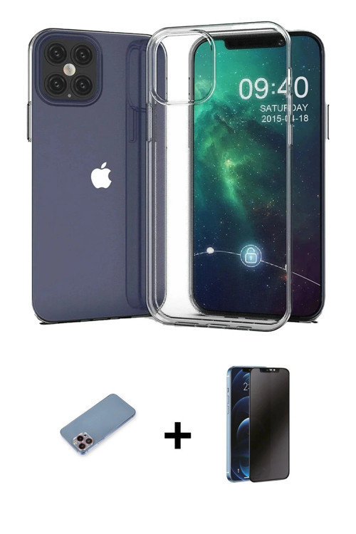 ieg™ iPhone 12 Pro Max Kılıf Zirve Doku - Siyah 3D Antistatik Hayalet Cam Ekran Koruyucu + Pembe Shi