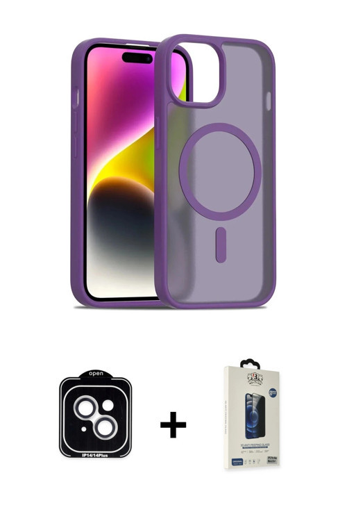 ieg™ iPhone 14 Kılıf Siluet Minimal Prime - Siyah Bilvis Hayalet Cam Ekran Koruyucu + Gümüş PVD Meta