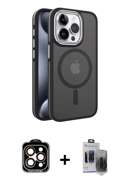 ieg™ iPhone 15 Pro Max Kılıf Yörünge Klasik - Siyah Vanessa Magic Hayalet Cam + Turuncu PVD Metal Ka