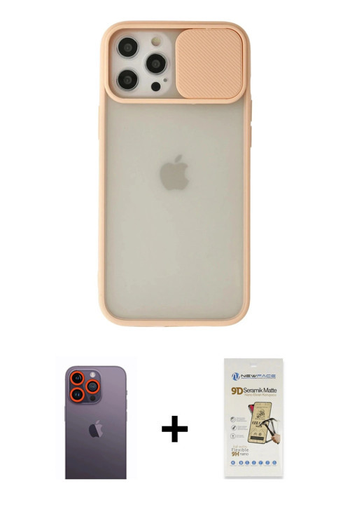 ieg™ iPhone 12 Pro Max Kılıf Vadi Çizgi - Siyah Mat Seramik Nano Ekran Koruyucu + Turuncu Neon Fosfo