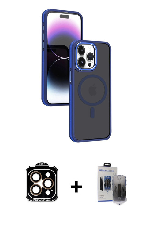ieg™ iPhone 15 Pro Max Kılıf Yörünge Klasik - Siyah Vanessa Magic Hayalet Cam + Turuncu PVD Metal Ka