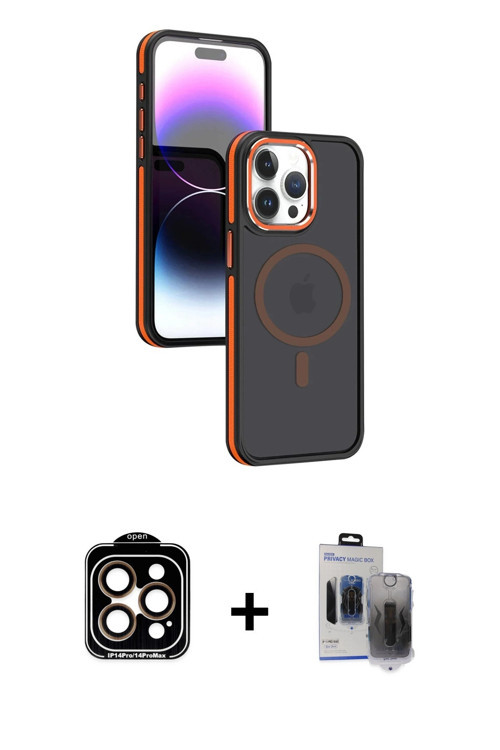 ieg™ iPhone 15 Pro Max Kılıf Yörünge Klasik - Siyah Vanessa Magic Hayalet Cam + Turuncu PVD Metal Ka