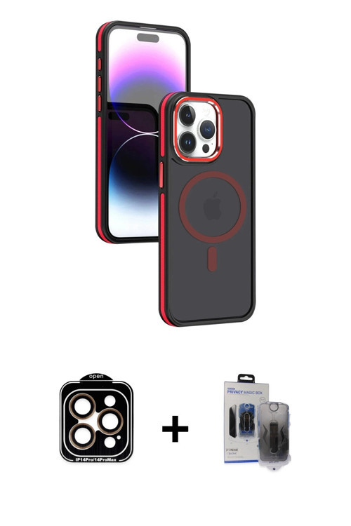 ieg™ iPhone 15 Pro Max Kılıf Yörünge Klasik - Siyah Vanessa Magic Hayalet Cam + Turuncu PVD Metal Ka