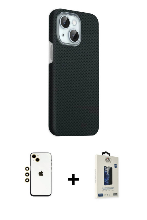 ieg™ iPhone 14 Kılıf Kozmos Klasik Prime - Siyah Bilvis Hayalet Cam Ekran Koruyucu + Gold Shine Kame