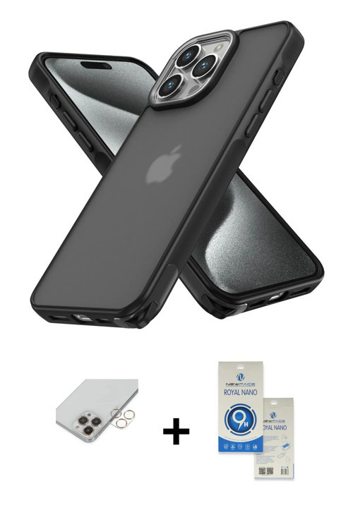 ieg™ iPhone 14 Pro Max Kılıf Atlas Form - Şeffaf Royal Nano Ekran Koruyucu + Gold Band Metal Kamera