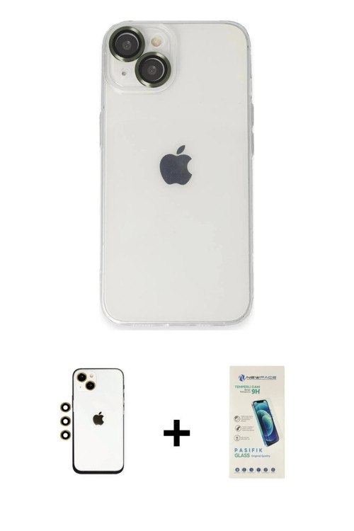 ieg™ iPhone 14 Kılıf Ufuk Minimal Özel Seri - Şeffaf Pasifik Cam Ekran Koruyucu + Gold Shine Kamera