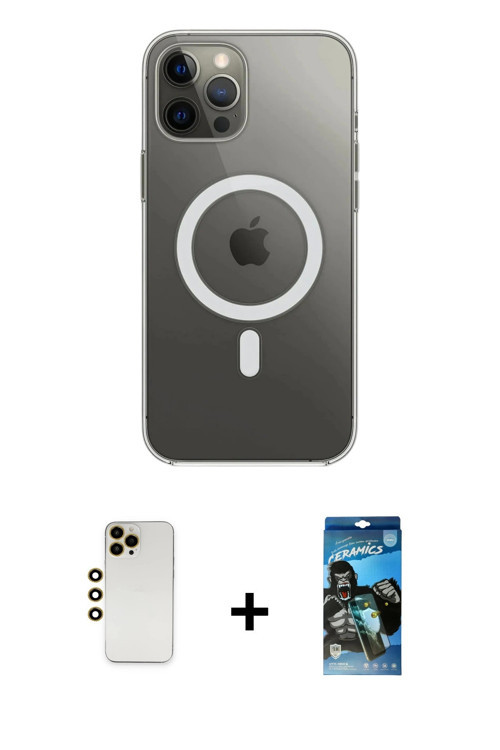 ieg™ iPhone 12 Pro Max Kılıf Ahenk Yansıma Prime - Siyah 34D Izgaralı Cam + Gold Shine Kamera Lens