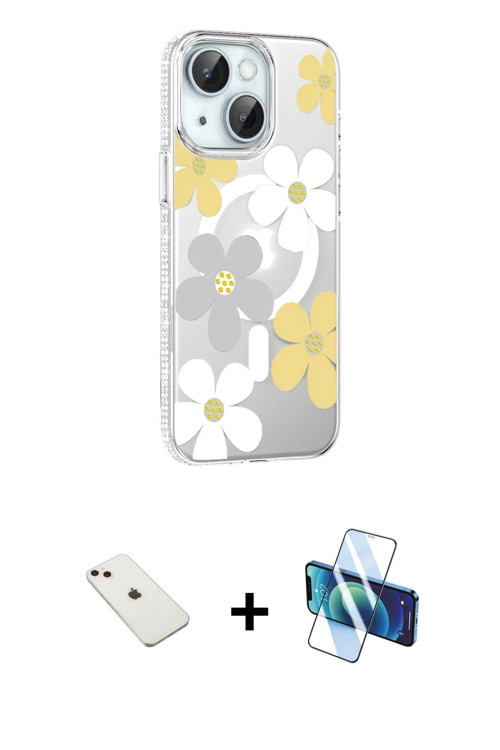 ieg™ iPhone 14 Kılıf Yörünge Işık Prime - Siyah 3D Antistatik Cam Ekran Koruyucu + Pembe Diamond Kam