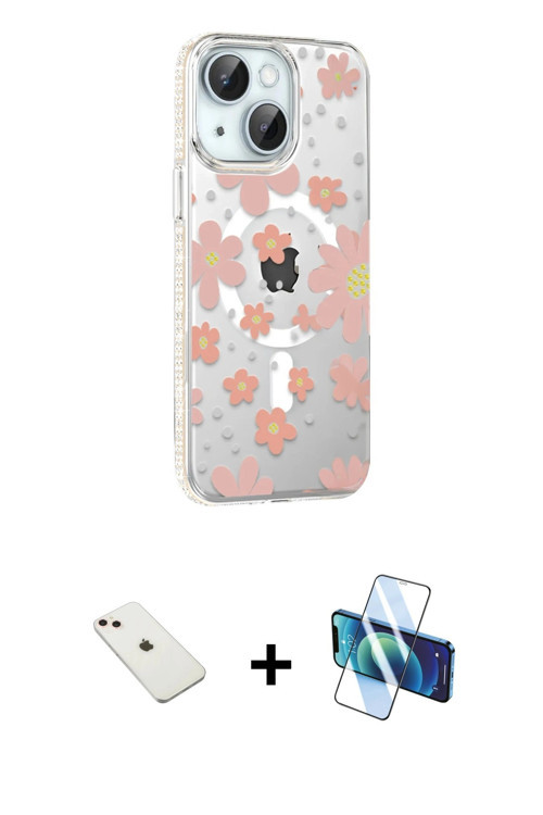 ieg™ iPhone 14 Kılıf Yörünge Işık Prime - Siyah 3D Antistatik Cam Ekran Koruyucu + Pembe Diamond Kam