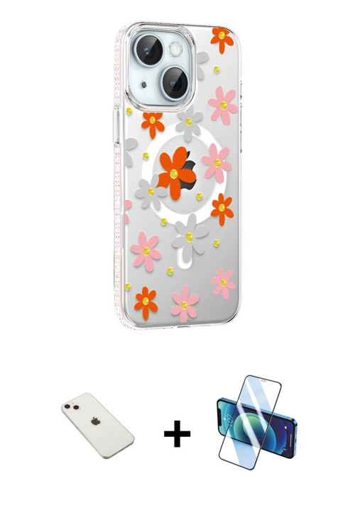 ieg™ iPhone 14 Kılıf Yörünge Işık Prime - Siyah 3D Antistatik Cam Ekran Koruyucu + Pembe Diamond Kam
