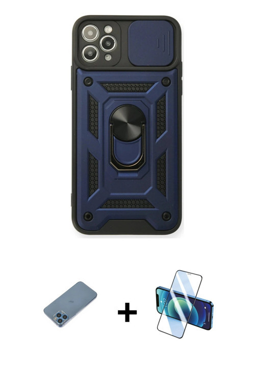 ieg™ iPhone 11 Pro Max Kılıf Ahenk Klasik - Siyah 3D Antistatik Seramik Nano Ekran Koruyucu + Mavi S