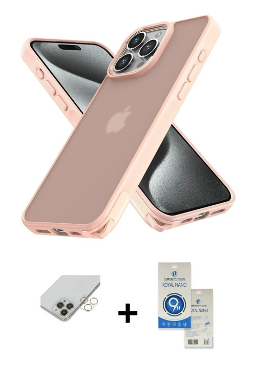 ieg™ iPhone 14 Pro Max Kılıf Atlas Form - Şeffaf Royal Nano Ekran Koruyucu + Gold Band Metal Kamera
