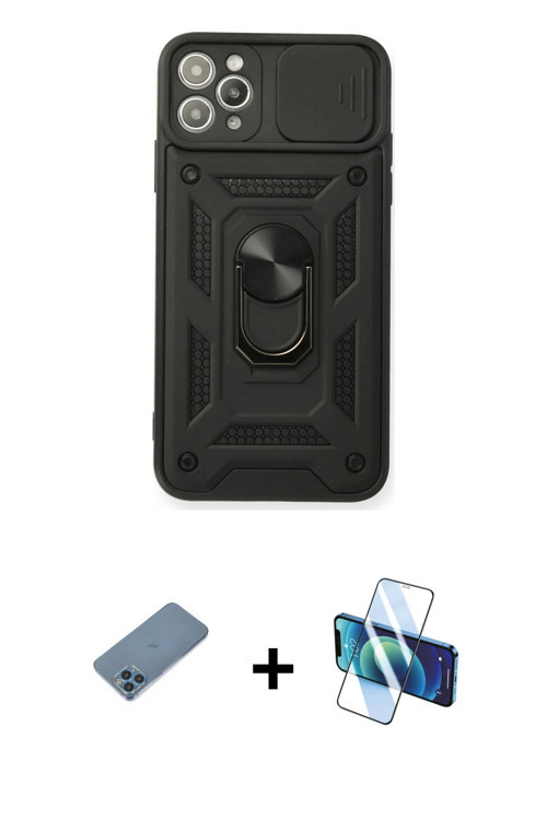 ieg™ iPhone 11 Pro Max Kılıf Ahenk Klasik - Siyah 3D Antistatik Seramik Nano Ekran Koruyucu + Mavi S