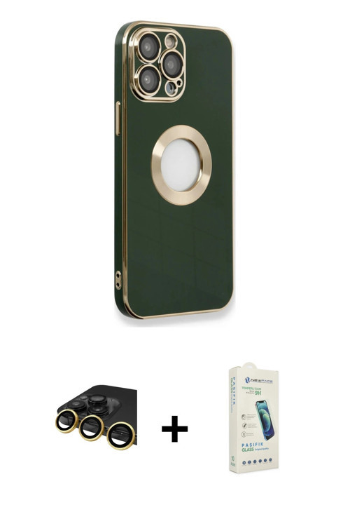 ieg™ iPhone 14 Pro Max Kılıf İz Form Serisi - Şeffaf Pasifik Cam Ekran Koruyucu + Gold Raze Metal Ka