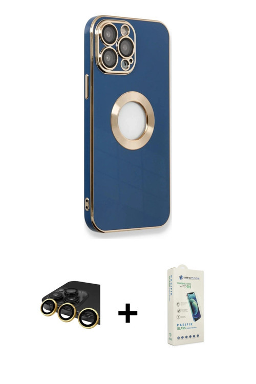 ieg™ iPhone 14 Pro Max Kılıf İz Form Serisi - Şeffaf Pasifik Cam Ekran Koruyucu + Gold Raze Metal Ka