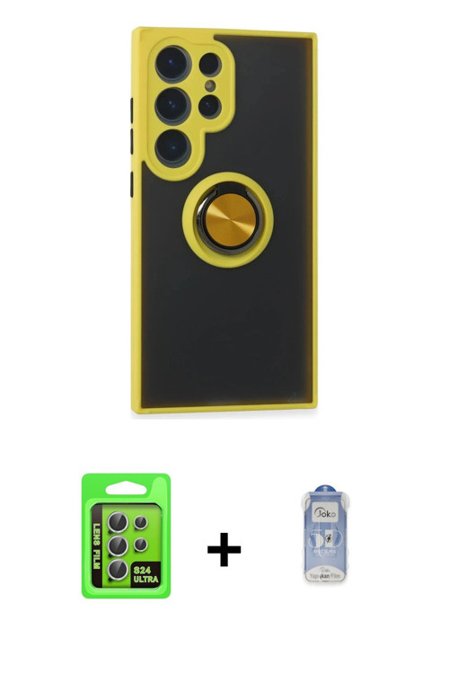 ieg™ Galaxy S24 Ultra Kılıf Yörünge Çizgi - Siyah Joko Magic 5D Cam + Gümüş Raze Metal Kamera Lens
