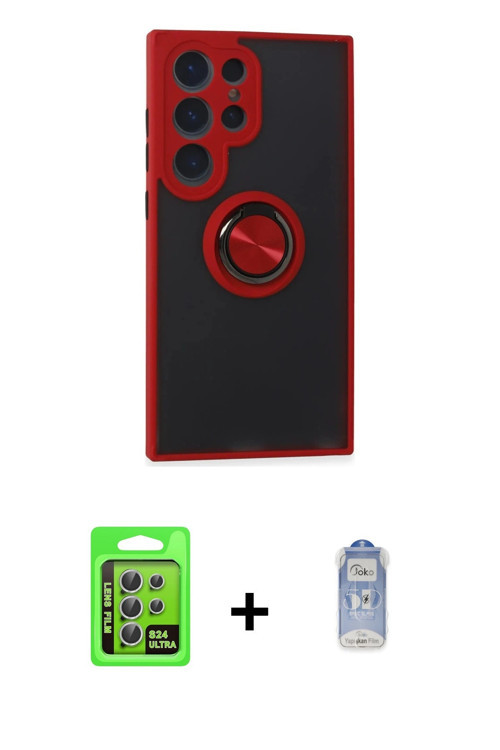 ieg™ Galaxy S24 Ultra Kılıf Yörünge Çizgi - Siyah Joko Magic 5D Cam + Gümüş Raze Metal Kamera Lens