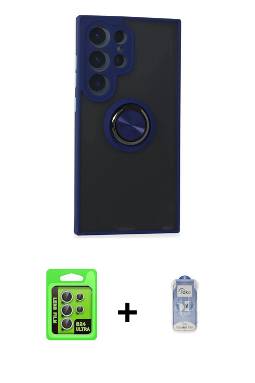ieg™ Galaxy S24 Ultra Kılıf Yörünge Çizgi - Siyah Joko Magic 5D Cam + Gümüş Raze Metal Kamera Lens